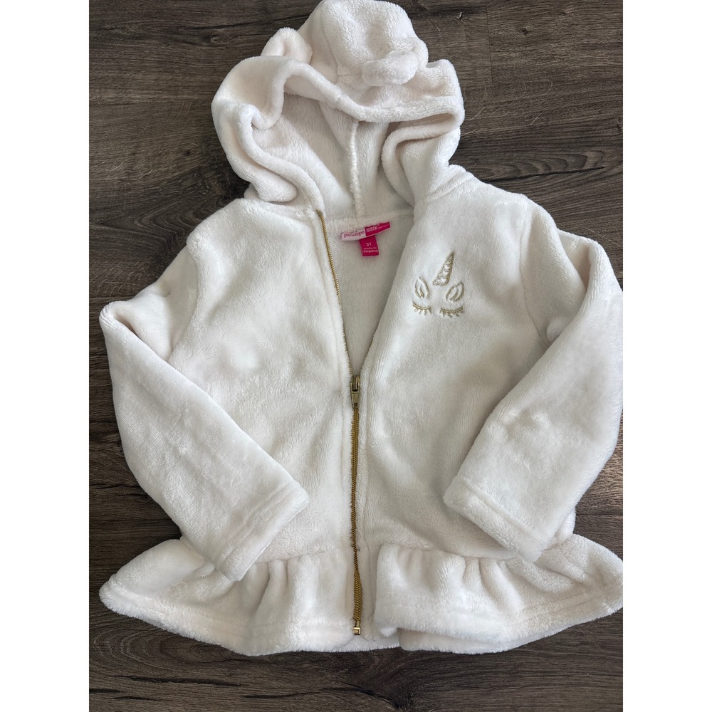 Penelope Mack Girls 3T Cream Faux Fur Unicorn Hoodie Ruffle Hem Zip Up Jacket